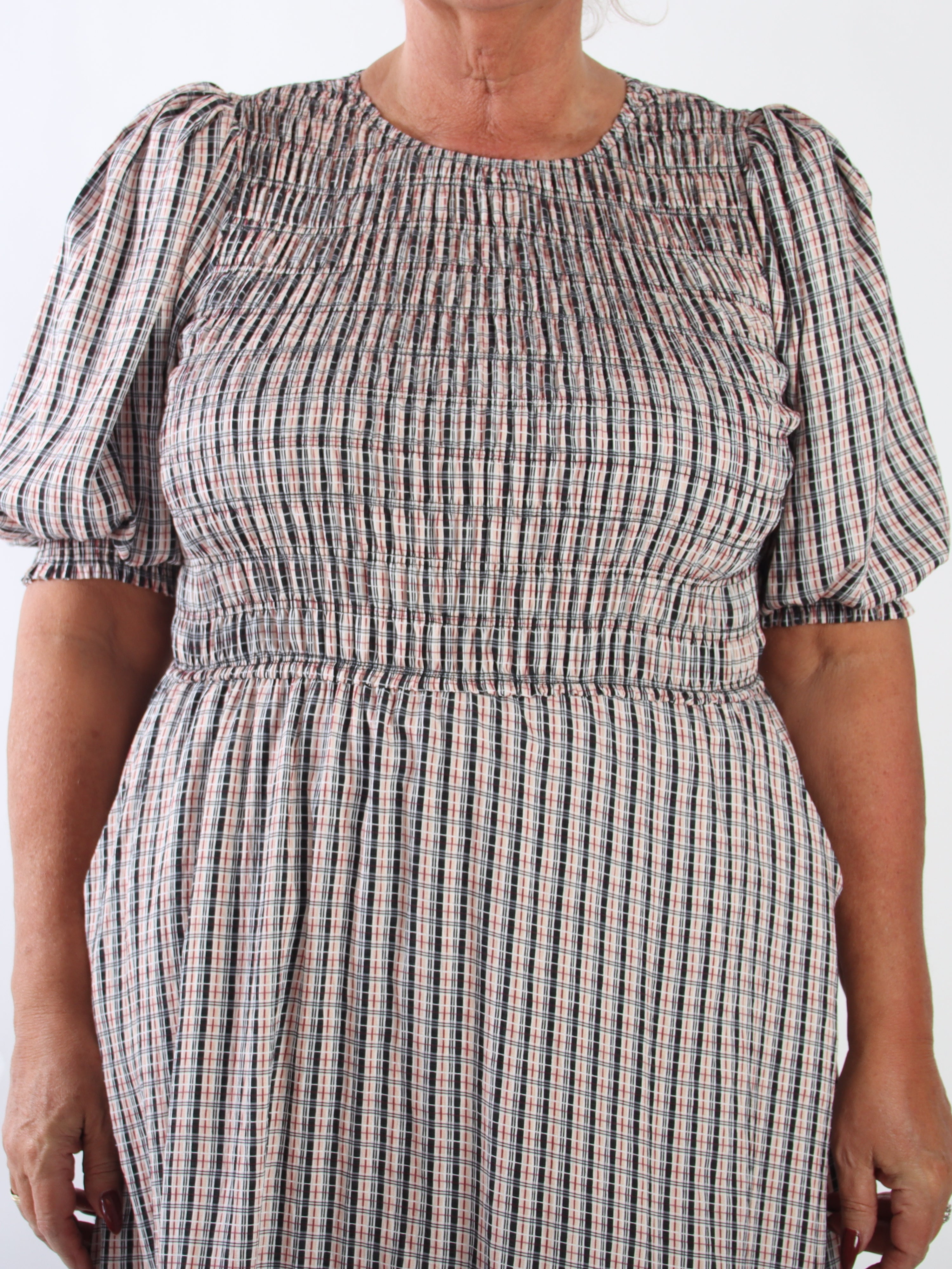 Amalie Check - Fin ternet plus size kjole i viskose med smock over brystet og søde pufærmer